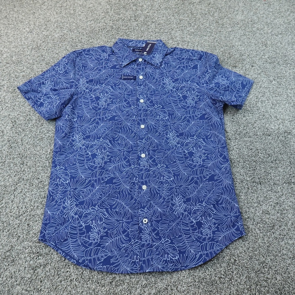 NEW Nautica Shirt Mens S Blue Tropical Leaf Print Short Sleeve Button Up Casual